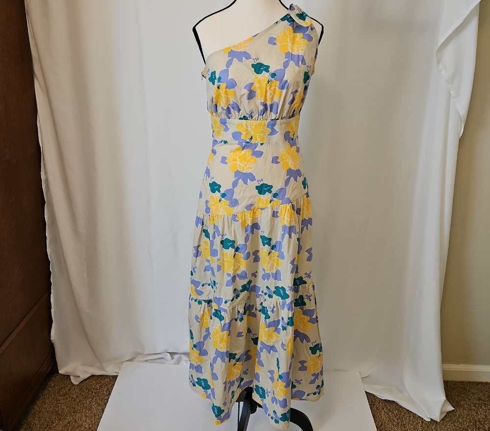 Petal & Pup Yellow, Blue and Teal Green Floral One-Shoulder Dress, S